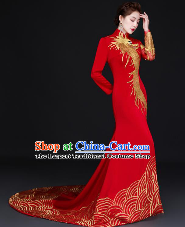 Chinese Bride Embroidered Dragon Trailing Qipao Modern Cheongsam Traditional Qipao Dress Wedding Red Full Dress