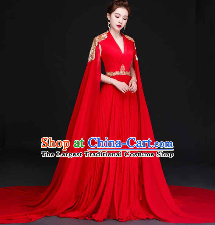 China New Year Compere Red Dress Professional Embroidery Full Dress Dinner Party Formal Garment