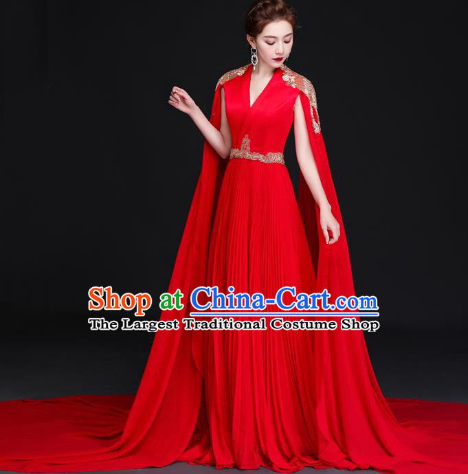 China New Year Compere Red Dress Professional Embroidery Full Dress Dinner Party Formal Garment