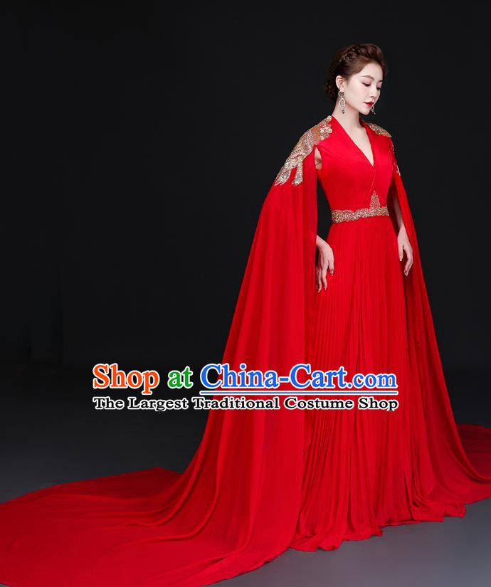 China New Year Compere Red Dress Professional Embroidery Full Dress Dinner Party Formal Garment