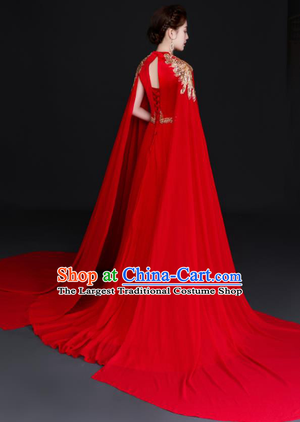 China New Year Compere Red Dress Professional Embroidery Full Dress Dinner Party Formal Garment