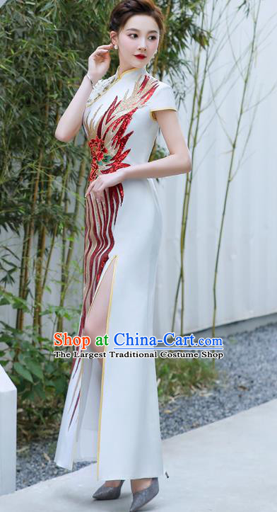 Chinese Traditional Qipao Dress Hostess White Full Dress Embroidered Peony Qipao Modern Cheongsam