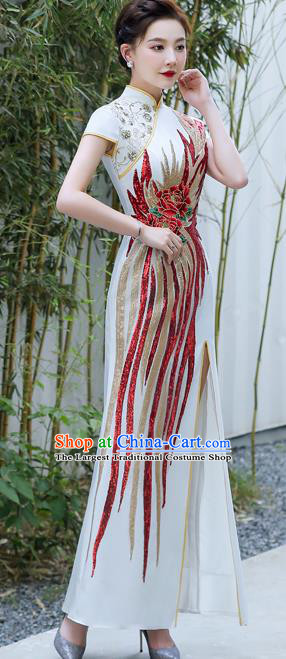 Chinese Traditional Qipao Dress Hostess White Full Dress Embroidered Peony Qipao Modern Cheongsam
