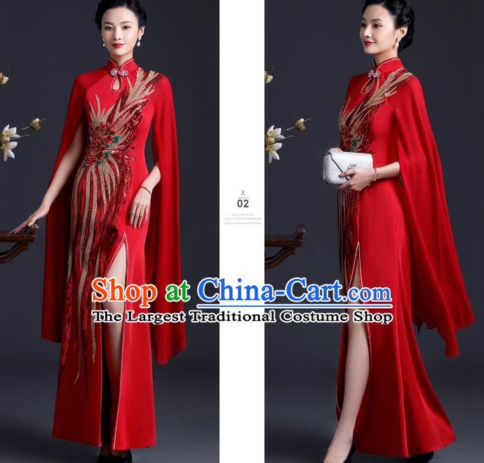 Chinese Modern Cheongsam Traditional Red Qipao Dress Hostess Full Dress Embroidered Peony Qipao Clothing