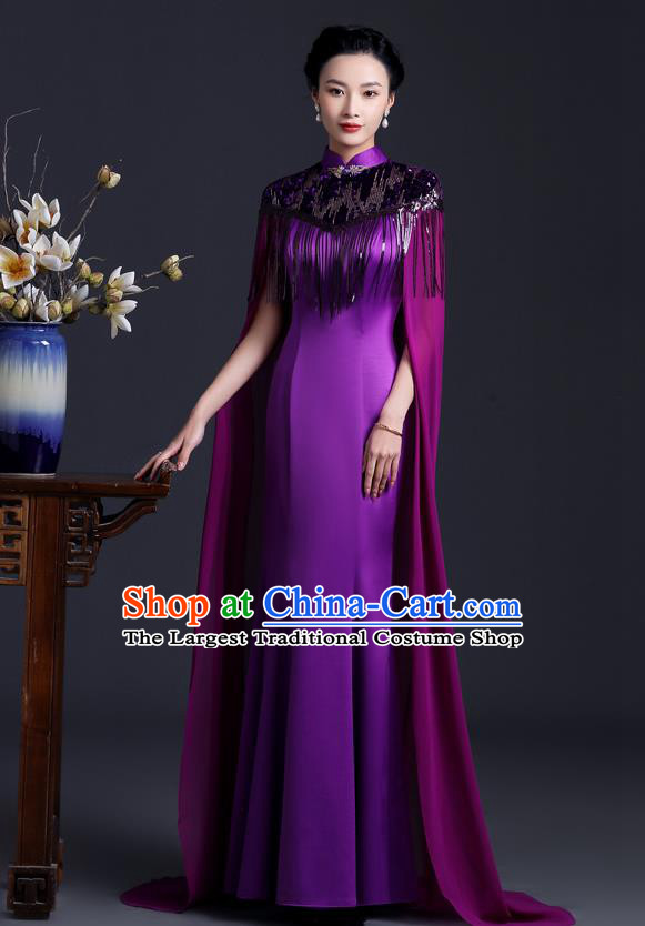 Chinese Black Tassel Qipao Clothing Modern Fishtail Cheongsam Traditional Purple Qipao Dress Hostess Full Dress