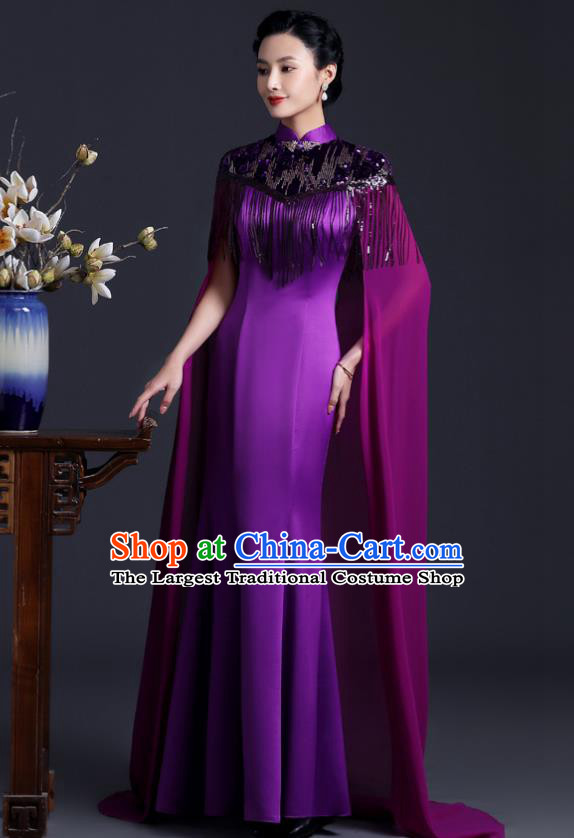 Chinese Black Tassel Qipao Clothing Modern Fishtail Cheongsam Traditional Purple Qipao Dress Hostess Full Dress