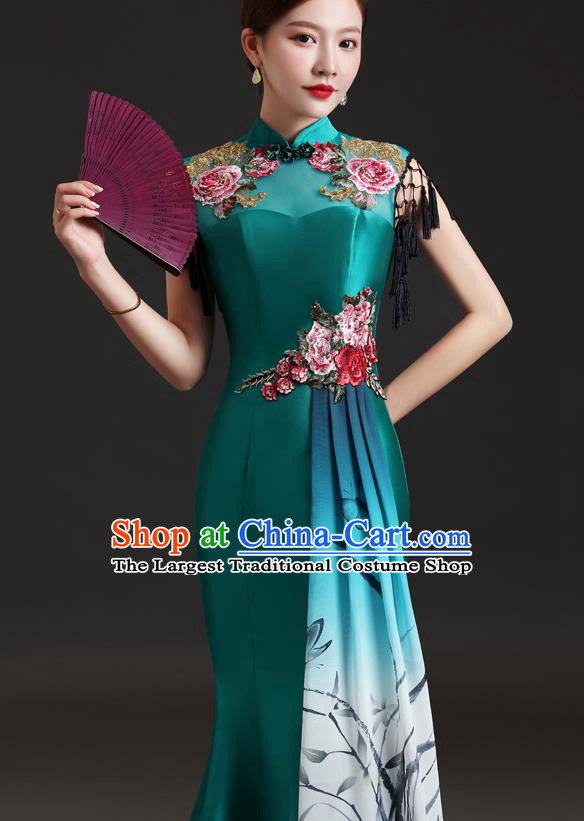 Chinese Modern Cheongsam Traditional In Painting Orchids Dress Compere Full Dress Embroidered Green Qipao Clothing
