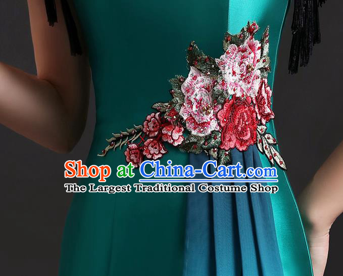 Chinese Modern Cheongsam Traditional In Painting Orchids Dress Compere Full Dress Embroidered Green Qipao Clothing
