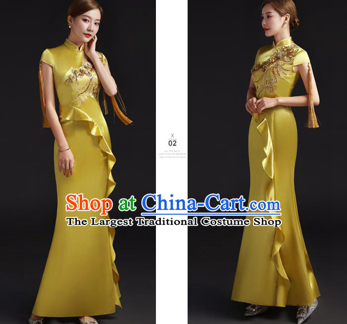 Chinese Embroidered Yellow Qipao Clothing Modern Cheongsam Traditional New Year Dress Compere Full Dress