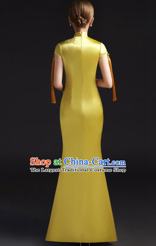 Chinese Embroidered Yellow Qipao Clothing Modern Cheongsam Traditional New Year Dress Compere Full Dress