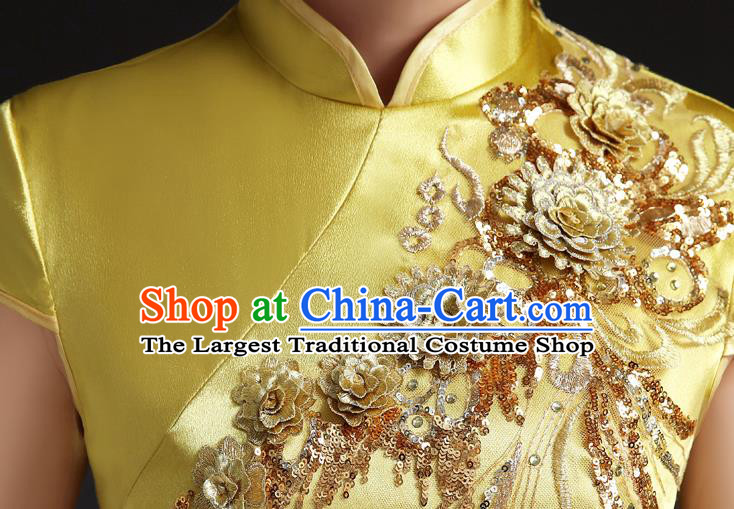 Chinese Embroidered Yellow Qipao Clothing Modern Cheongsam Traditional New Year Dress Compere Full Dress