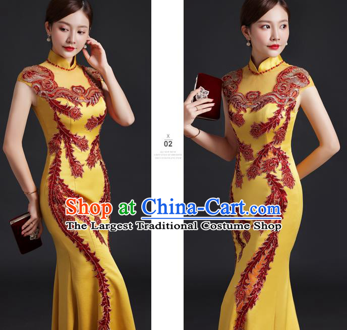 Chinese Compere Full Dress Embroidered Yellow Qipao Clothing Modern Cheongsam Traditional New Year Dress