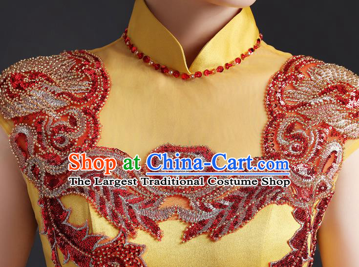 Chinese Compere Full Dress Embroidered Yellow Qipao Clothing Modern Cheongsam Traditional New Year Dress