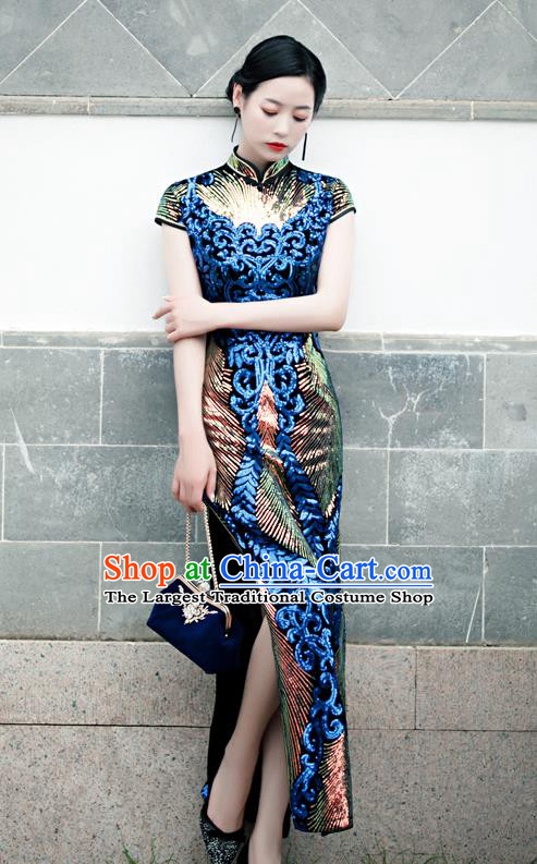 Chinese Traditional New Year Dress Compere Full Dress Classical Blue Velvet Qipao Clothing Modern Cheongsam