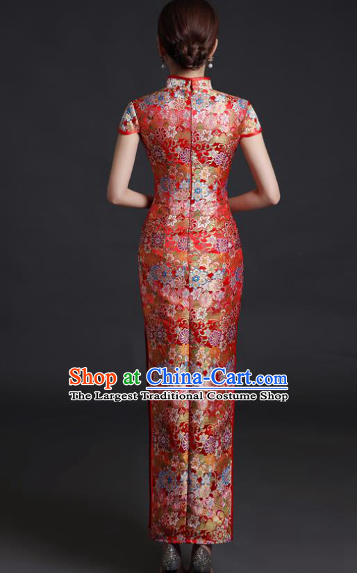 Chinese Bride Red Brocade Cheongsam Traditional Wedding Dress Compere Full Dress Classical Qipao Clothing