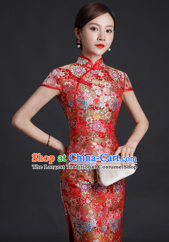 Chinese Bride Red Brocade Cheongsam Traditional Wedding Dress Compere Full Dress Classical Qipao Clothing