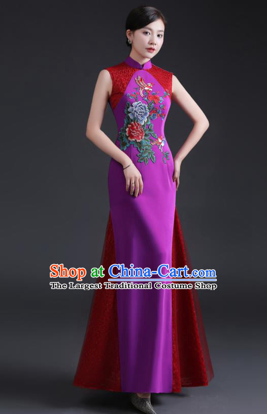 Chinese Modern Lace Cheongsam Traditional Purple Qipao Dress Hostess Full Dress Embroidered Peony Qipao Clothing