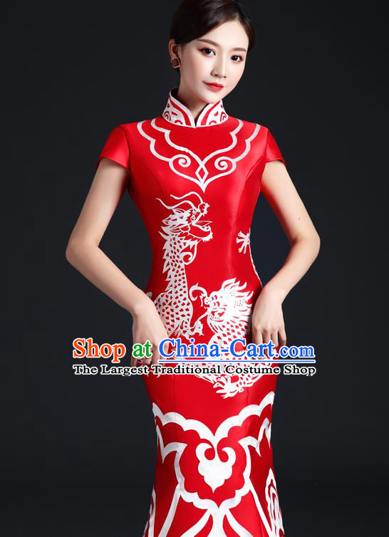 Chinese Traditional Trailing Dress Compere Full Dress Classical Qipao Clothing Wedding Red Cheongsam