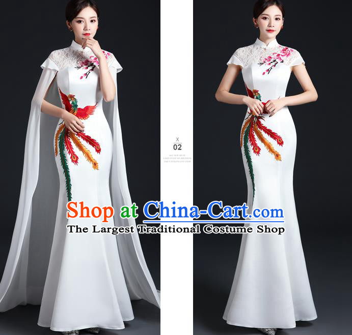 Chinese Modern White Mantle Cheongsam Traditional Embroidered Phoenix Dress Compere Full Dress Classical Qipao Clothing