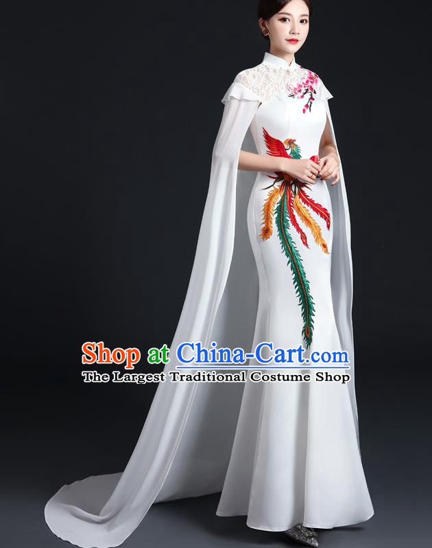 Chinese Modern White Mantle Cheongsam Traditional Embroidered Phoenix Dress Compere Full Dress Classical Qipao Clothing