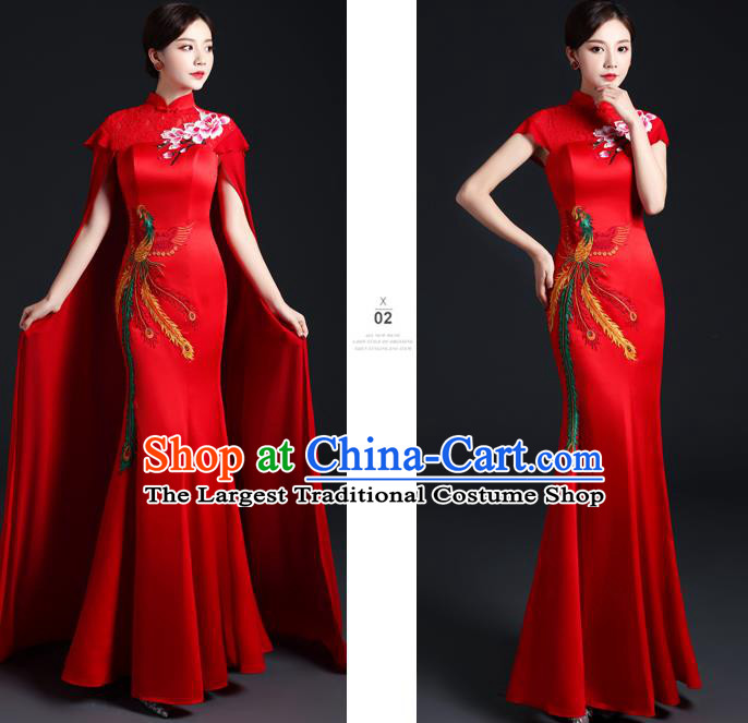 Chinese Classical Qipao Clothing Modern Red Mantle Cheongsam Traditional Embroidered Phoenix Dress Compere Full Dress
