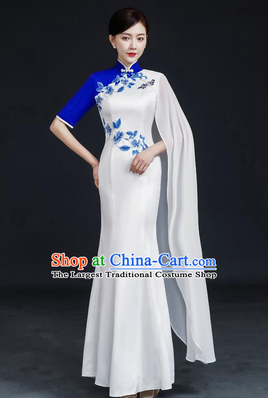 Chinese Embroidered Peach Blossom Qipao Clothing Modern Cheongsam Traditional White Qipao Dress Compere Full Dress