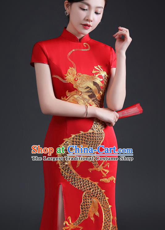 Chinese Compere Full Dress Embroidered Dragon Qipao Clothing Modern  Cheongsam Traditional Red Dress