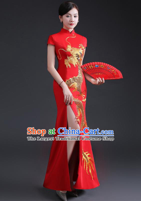 Chinese Compere Full Dress Embroidered Dragon Qipao Clothing Modern Cheongsam Traditional Red Dress