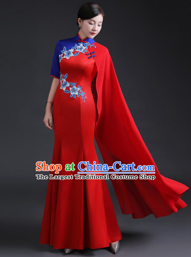 Chinese Traditional Red Dress Compere Full Dress Embroidered Qipao Clothing Modern Cheongsam