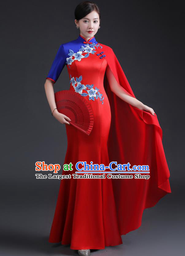 Chinese Traditional Red Dress Compere Full Dress Embroidered Qipao Clothing Modern Cheongsam