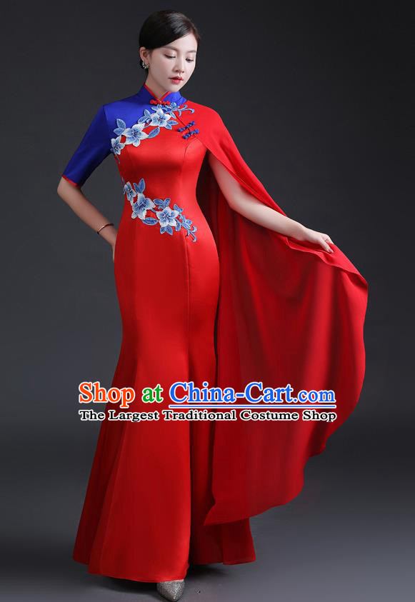 Chinese Traditional Red Dress Compere Full Dress Embroidered Qipao Clothing Modern Cheongsam