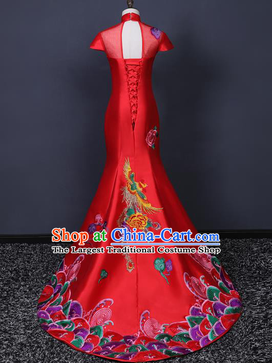 China Professional Catwalks Embroidery Phoenix Full Dress New Year Formal Costume Compere Red Trailing Dress