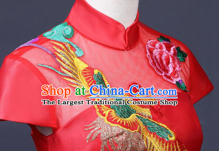 China Professional Catwalks Embroidery Phoenix Full Dress New Year Formal Costume Compere Red Trailing Dress