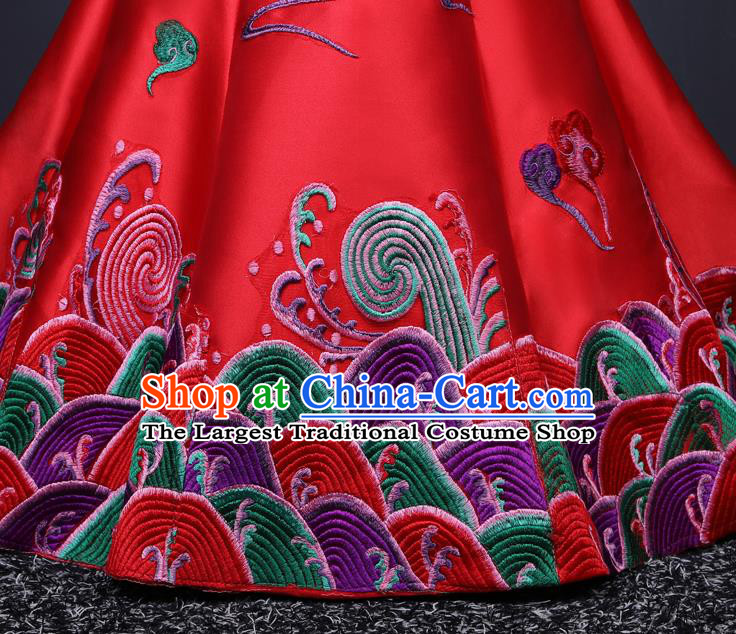 China Professional Catwalks Embroidery Phoenix Full Dress New Year Formal Costume Compere Red Trailing Dress