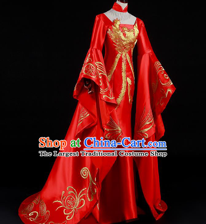 China New Year Formal Costume Compere Red Water Sleeve Dress Professional Catwalks Embroidery Phoenix Full Dress