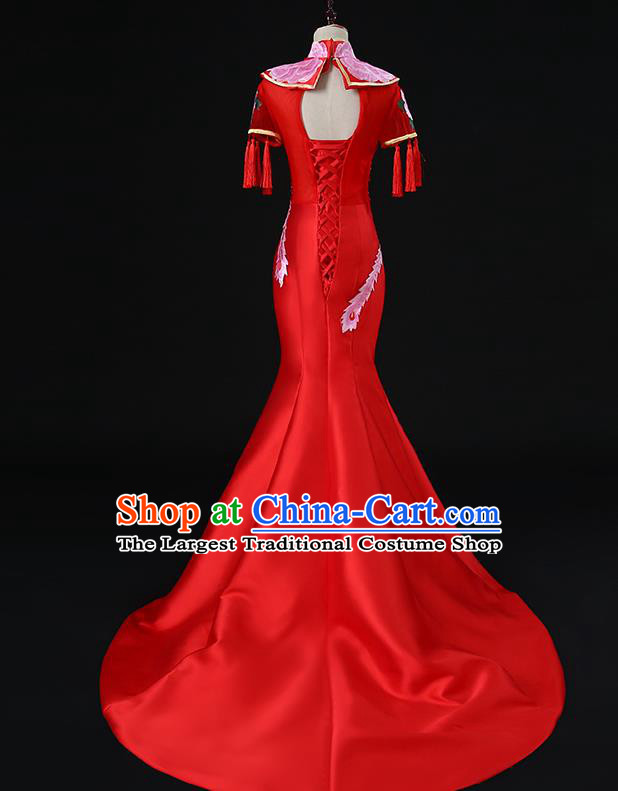 China New Year Red Formal Costume Compere Qipao Dress Professional Catwalks Embroidery Phoenix Peony Full Dress