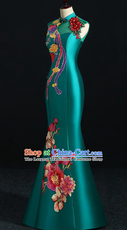 China Professional Catwalks Embroidery Peach Blossom Full Dress New Year Formal Costume Compere Deep Green Qipao Dress