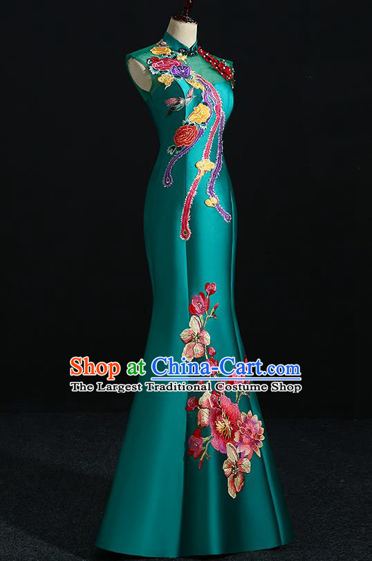 China Professional Catwalks Embroidery Peach Blossom Full Dress New Year Formal Costume Compere Deep Green Qipao Dress