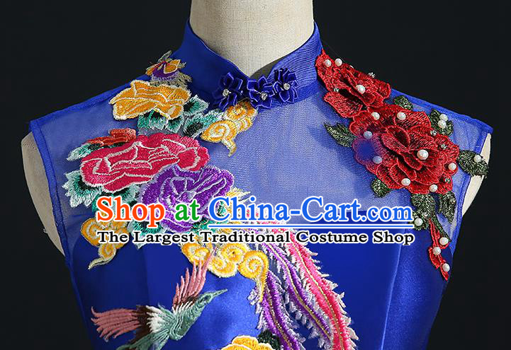China Compere Royal Blue Qipao Dress Professional Catwalks Embroidery Peach Blossom Full Dress New Year Formal Costume