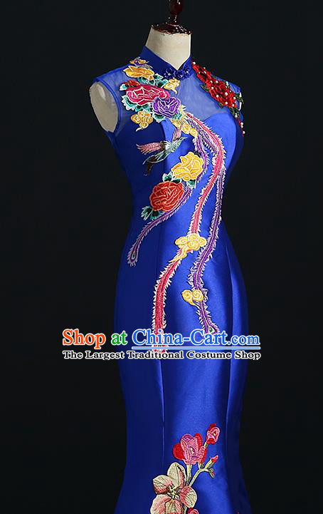China Compere Royal Blue Qipao Dress Professional Catwalks Embroidery Peach Blossom Full Dress New Year Formal Costume