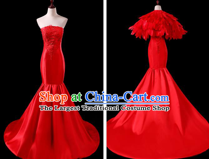 China Professional Catwalks Full Dress New Year Formal Costume Compere Red Feather Cappa Dress