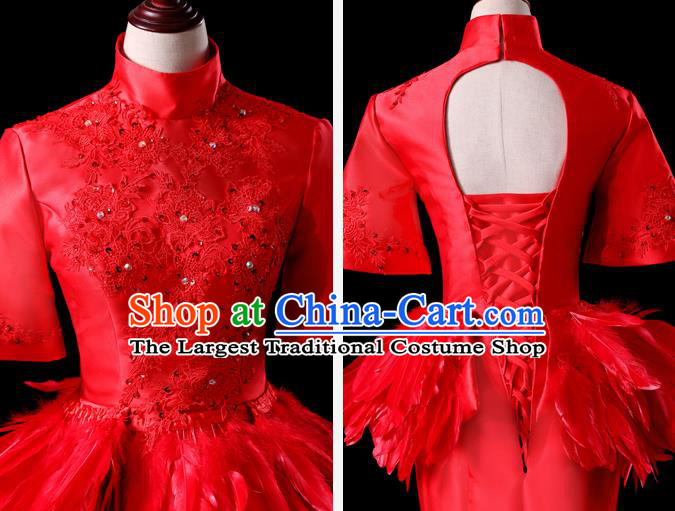 China Compere Red Feather Dress Professional Catwalks Full Dress New Year Formal Costume