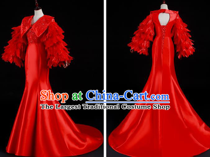 China New Year Formal Costume Compere Red Feather Sleeves Dress Professional Catwalks Full Dress