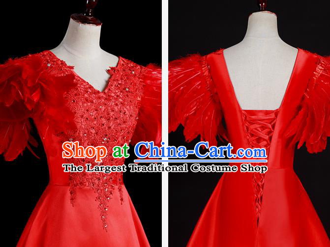 China Professional Catwalks Full Dress New Year Formal Costume Compere Red Feather Trailing Dress