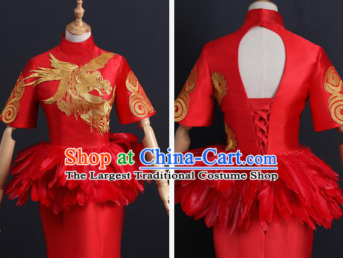 China Compere Red Feather Dress Professional Catwalks Embroidery Phoenix Full Dress New Year Formal Costume
