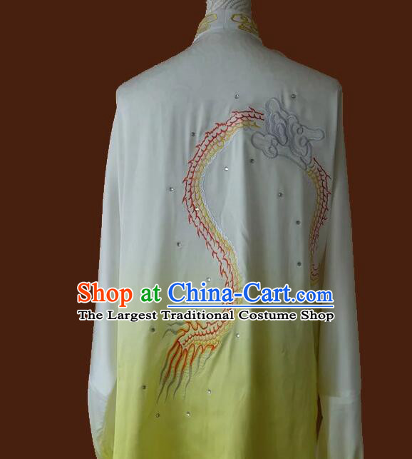 Top Embroidered Dragon Tai Chi Championship Costumes Martial Arts Qi Gong Clothing Tai Ji Competition Gradient White to Yellow Uniform