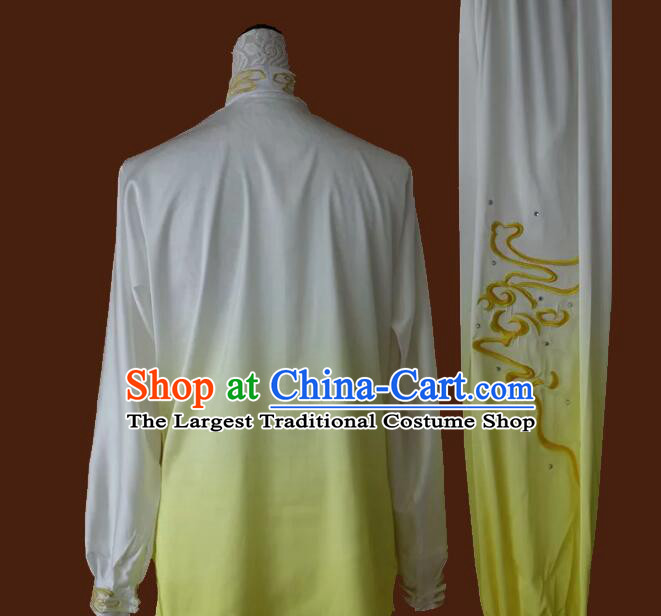 Top Tai Ji Competition Gradient White to Yellow Uniform Embroidered Clouds Tai Chi Championship Costumes Martial Arts Qi Gong Clothing