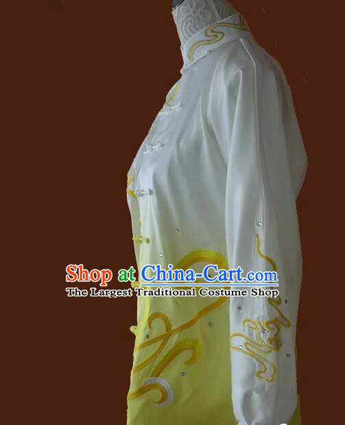 Top Tai Ji Competition Gradient White to Yellow Uniform Embroidered Clouds Tai Chi Championship Costumes Martial Arts Qi Gong Clothing