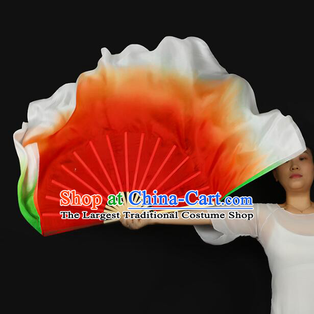 China Classical Dance Silk Fan Yangko Dance Bamboo Fan Gradient Red and Green Ribbon Folding Fan