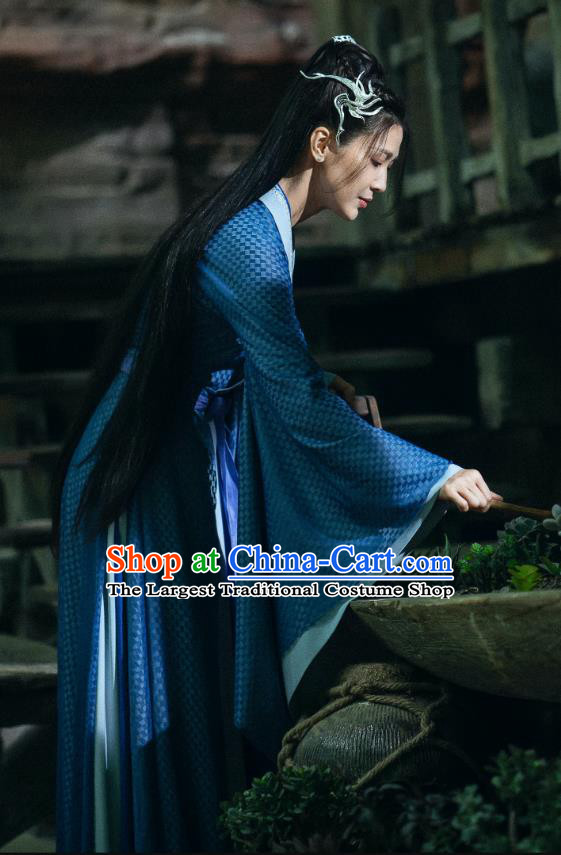 Chinese The Blue Whisper Qing Ji Garment Costumes Ancient Swordswoman Blue Clothing Xian Xia TV Series Fairy Dress Apparel